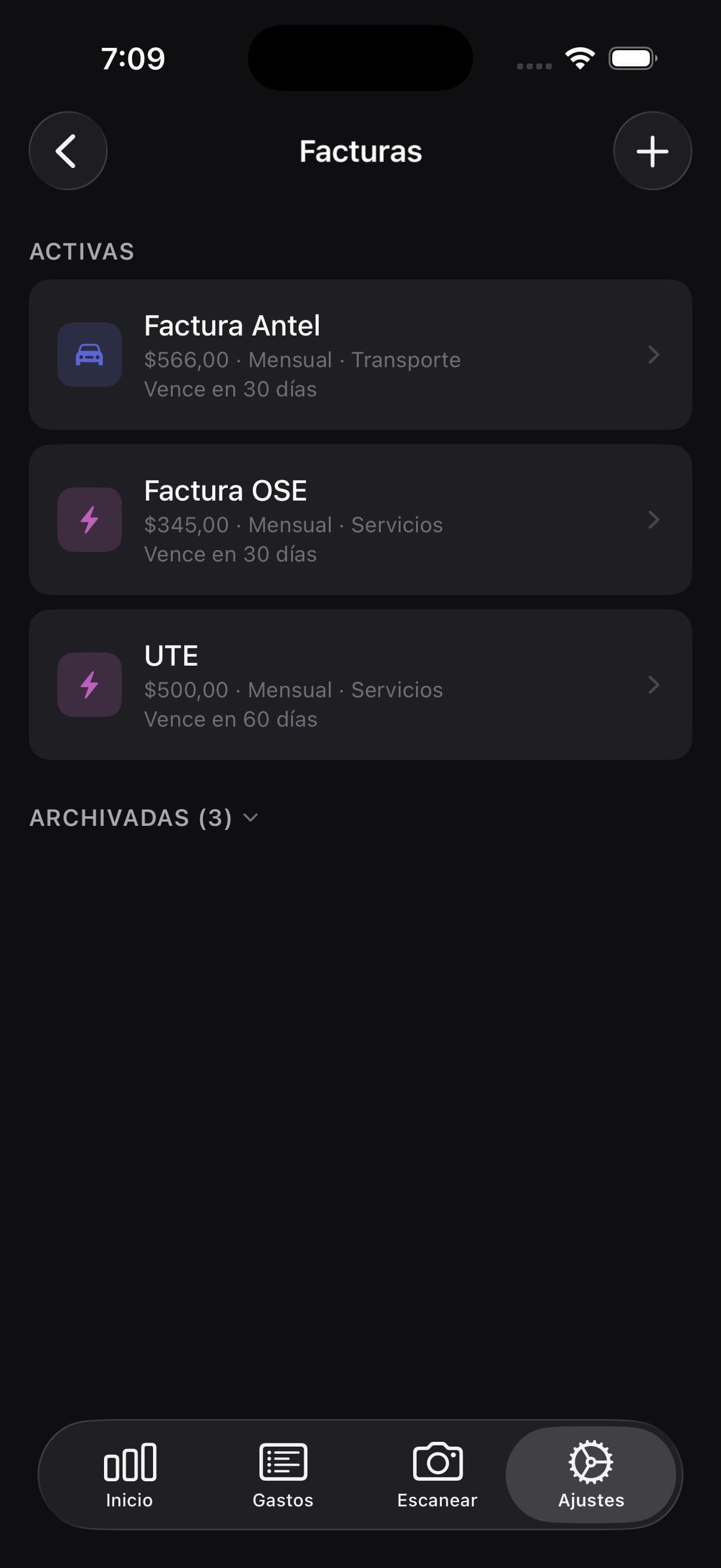 Pantalla de detalle de factura con próximo ciclo e historial